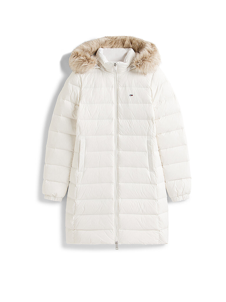 Steppmantel TOMMY JEANS "TJW ESSENTIAL HOODED DOWN COAT", Damen, Gr. XS (34), beige (ecru), Web, Obermaterial: 100% Nylon, unifarben, regular fit hüftbedeckend, Rippbündchen, Mäntel Steppmantel, mit Fellimitat, Logostickerei